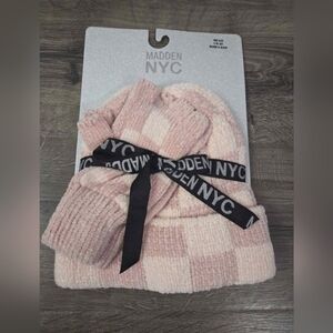 Madden NYC Pink Chenille Plaid Beanie and Gloves Set NEW